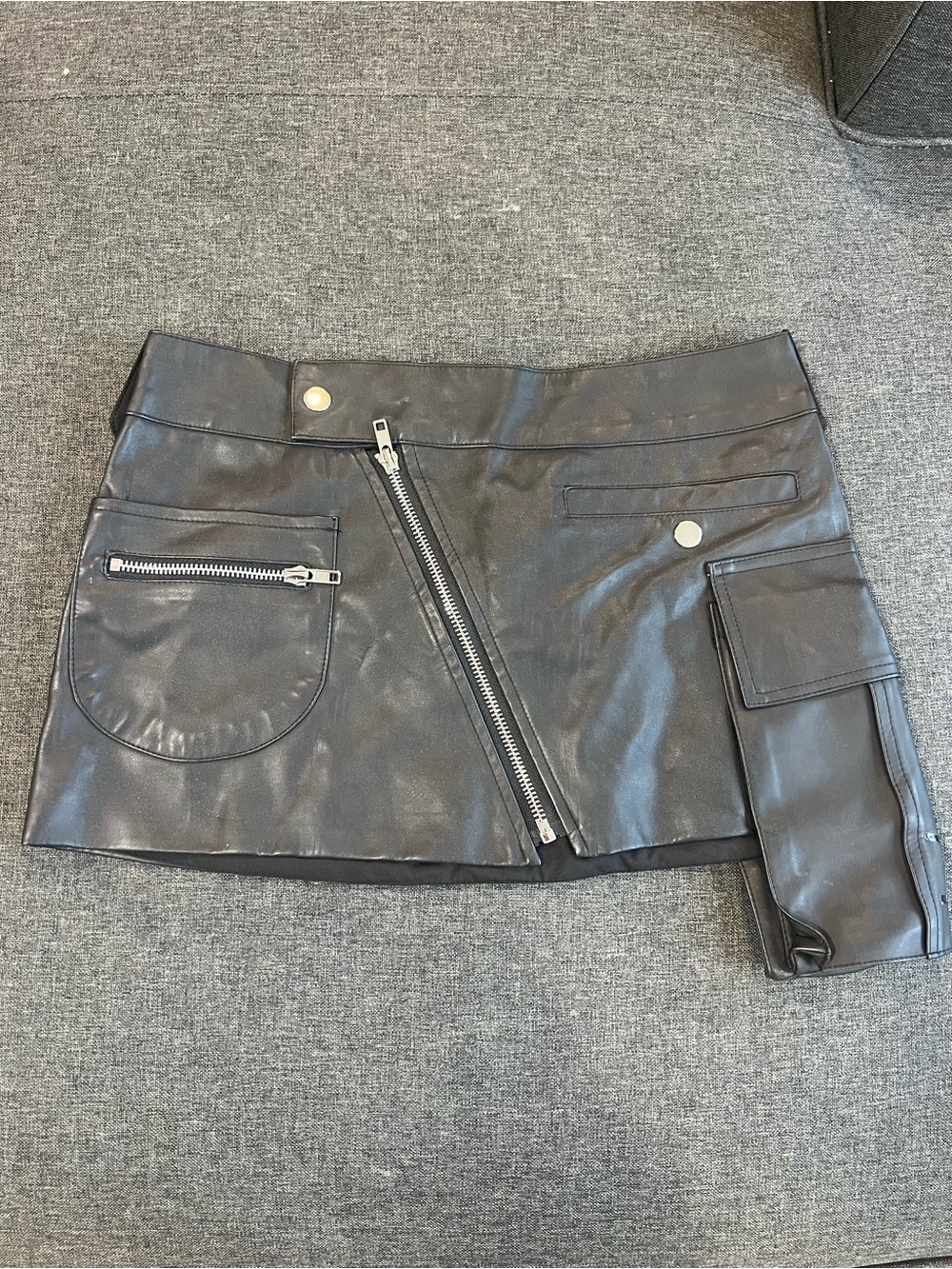 Fashion Nova Black Faux Leather Mini Skirt with Asymmetrical Zip & Pocket Flap